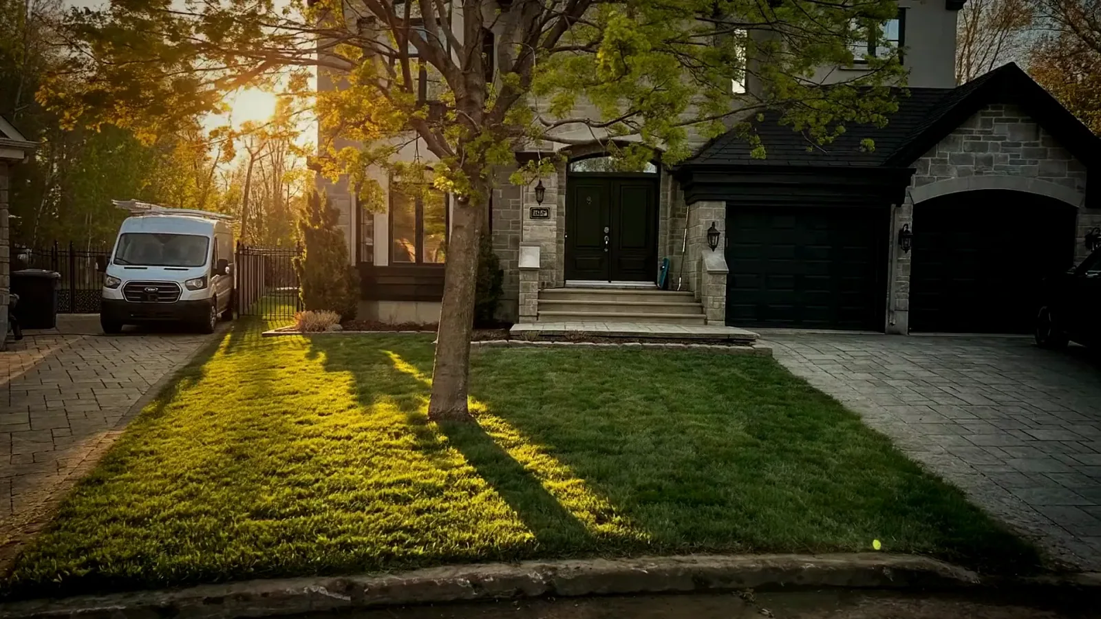 A landscaped front garden surrounded by mature trees
