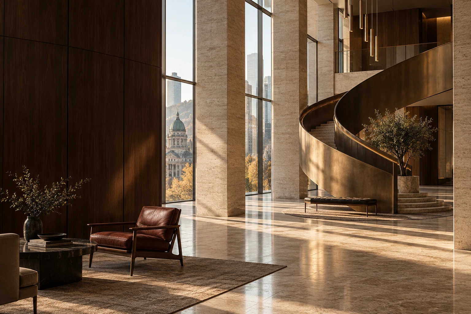 Sunlit travertine and walnut atrium with a sculptural curved staircase