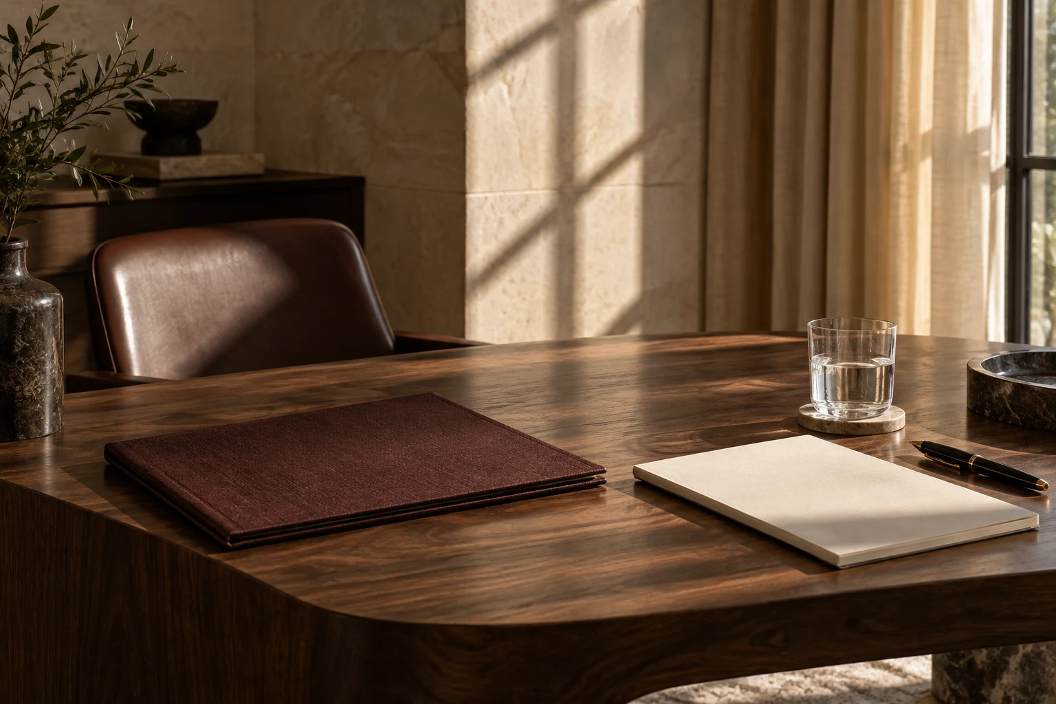 Walnut meeting table, burgundy portfolio and notebook in warm afternoon light