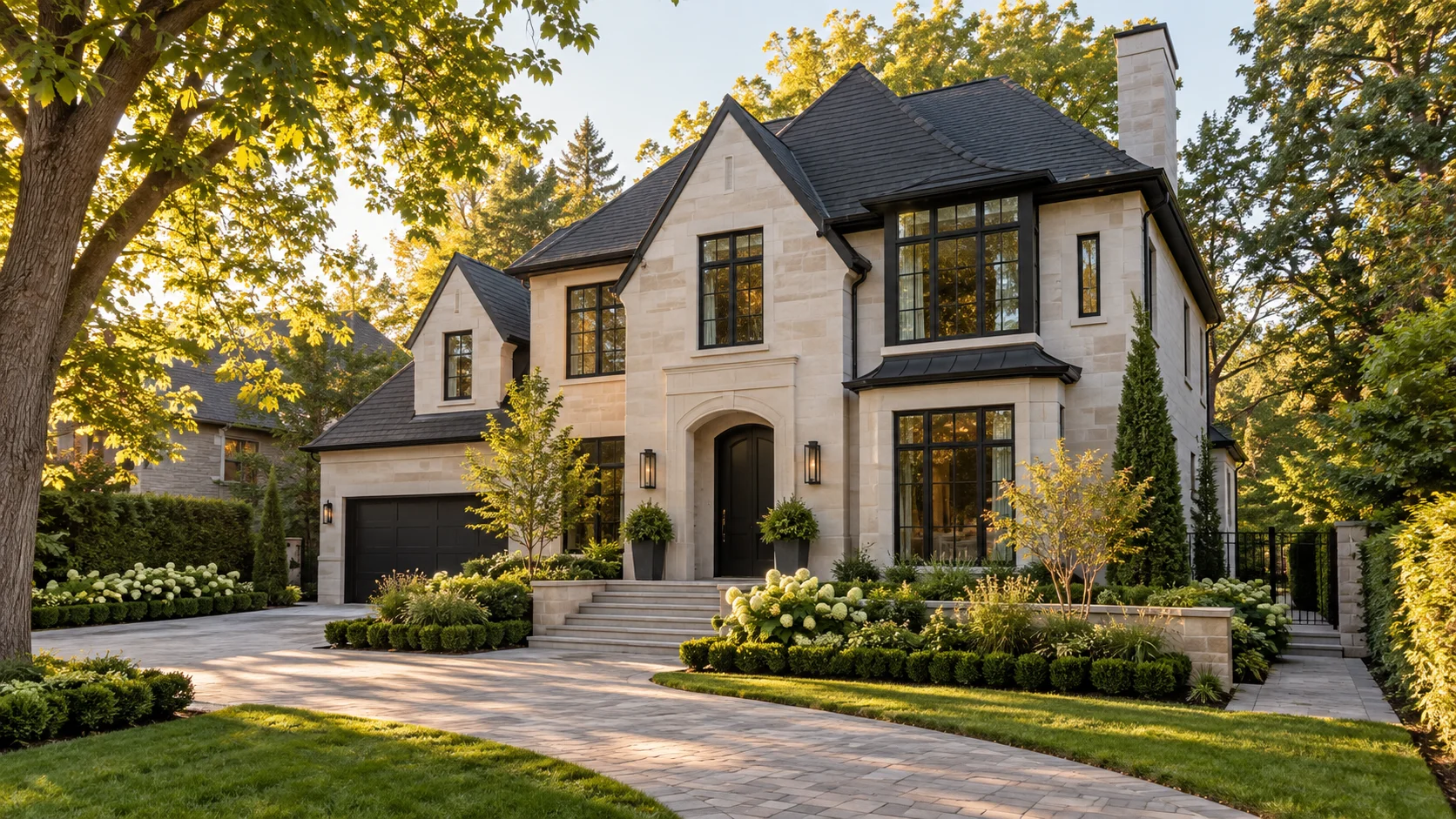 A warm stone residence framed by mature trees and a landscaped garden