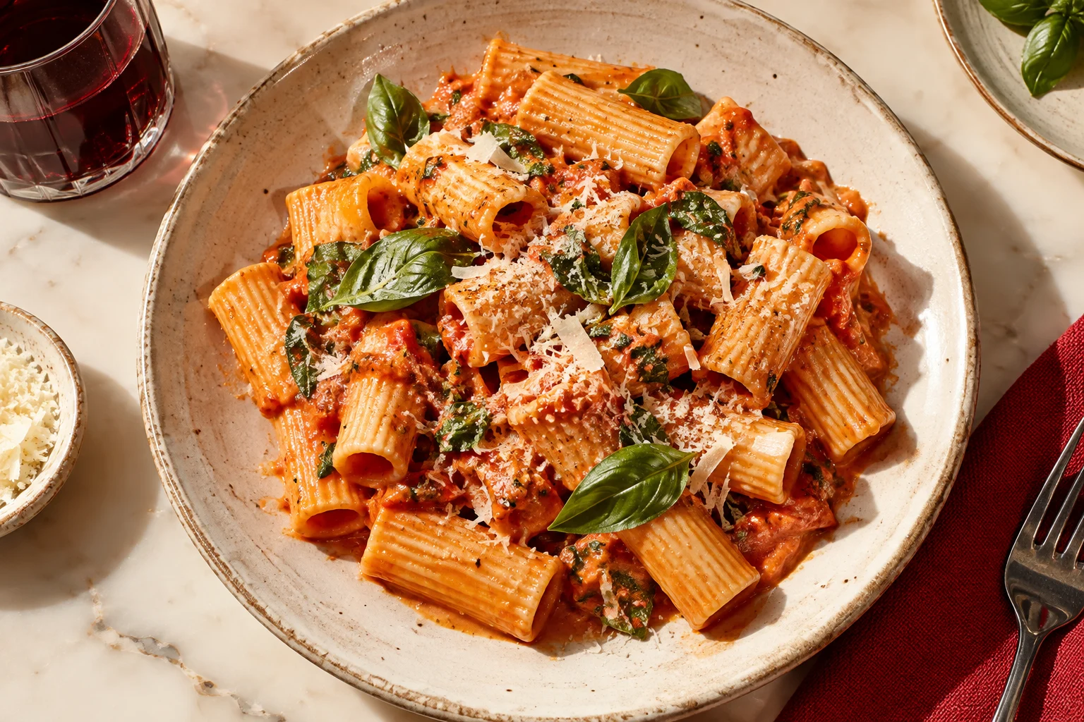 Rigatoni in tomato cream sauce with basil and freshly grated parmesan