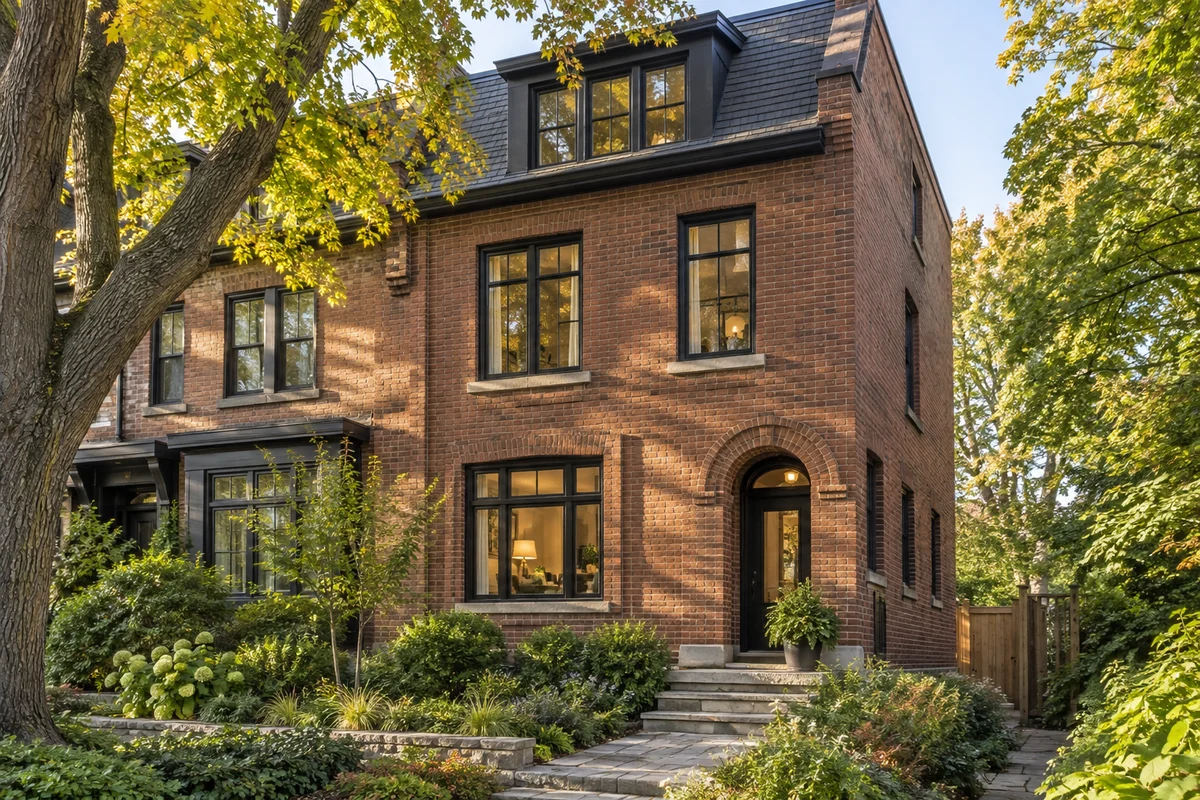 A carefully presented brick home framed by a leafy garden
