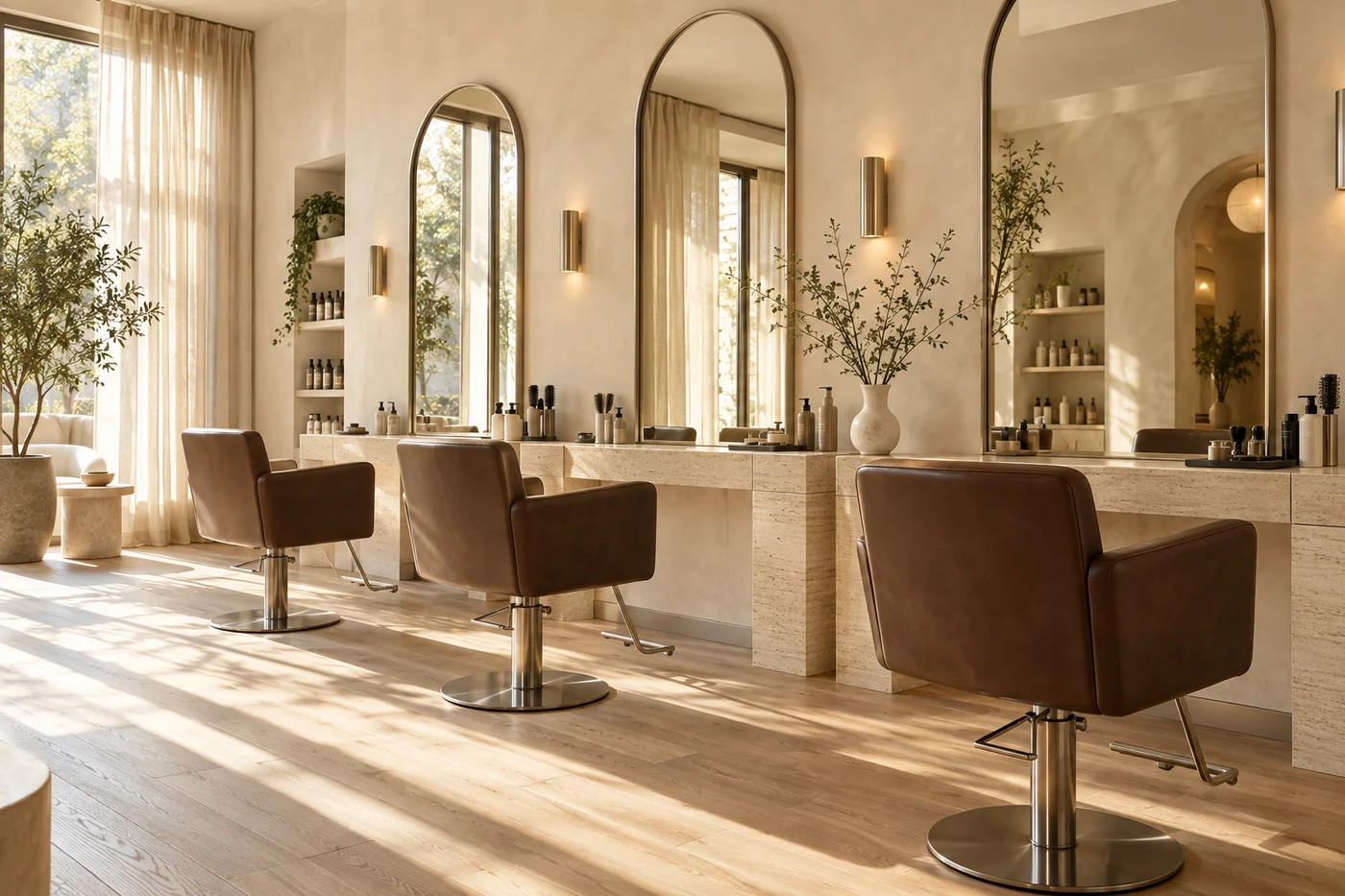 A sunlit salon with arched mirrors, travertine counters and soft brown styling chairs