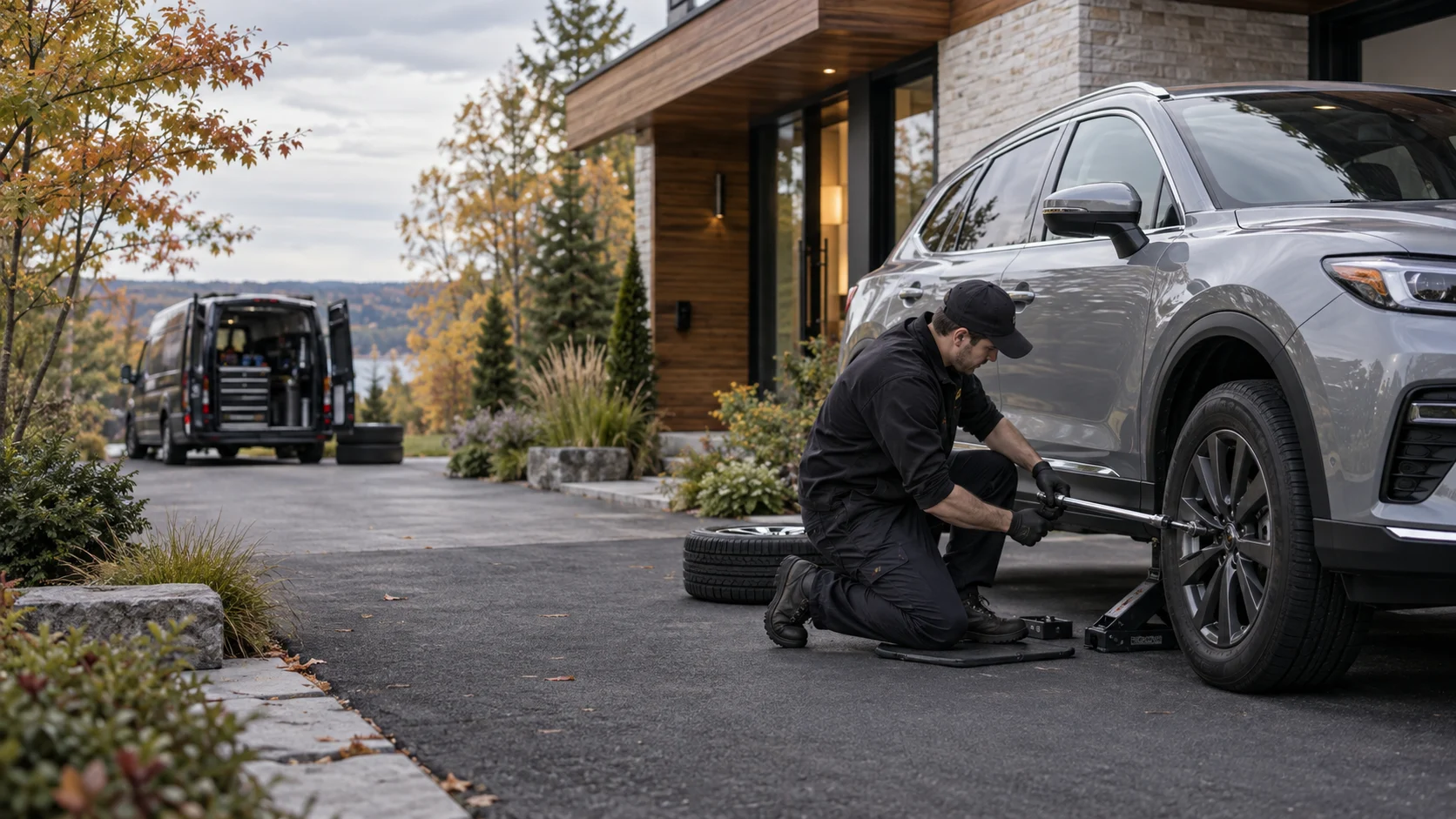A mobile tire technician looking after a silver SUV at a Gatineau home