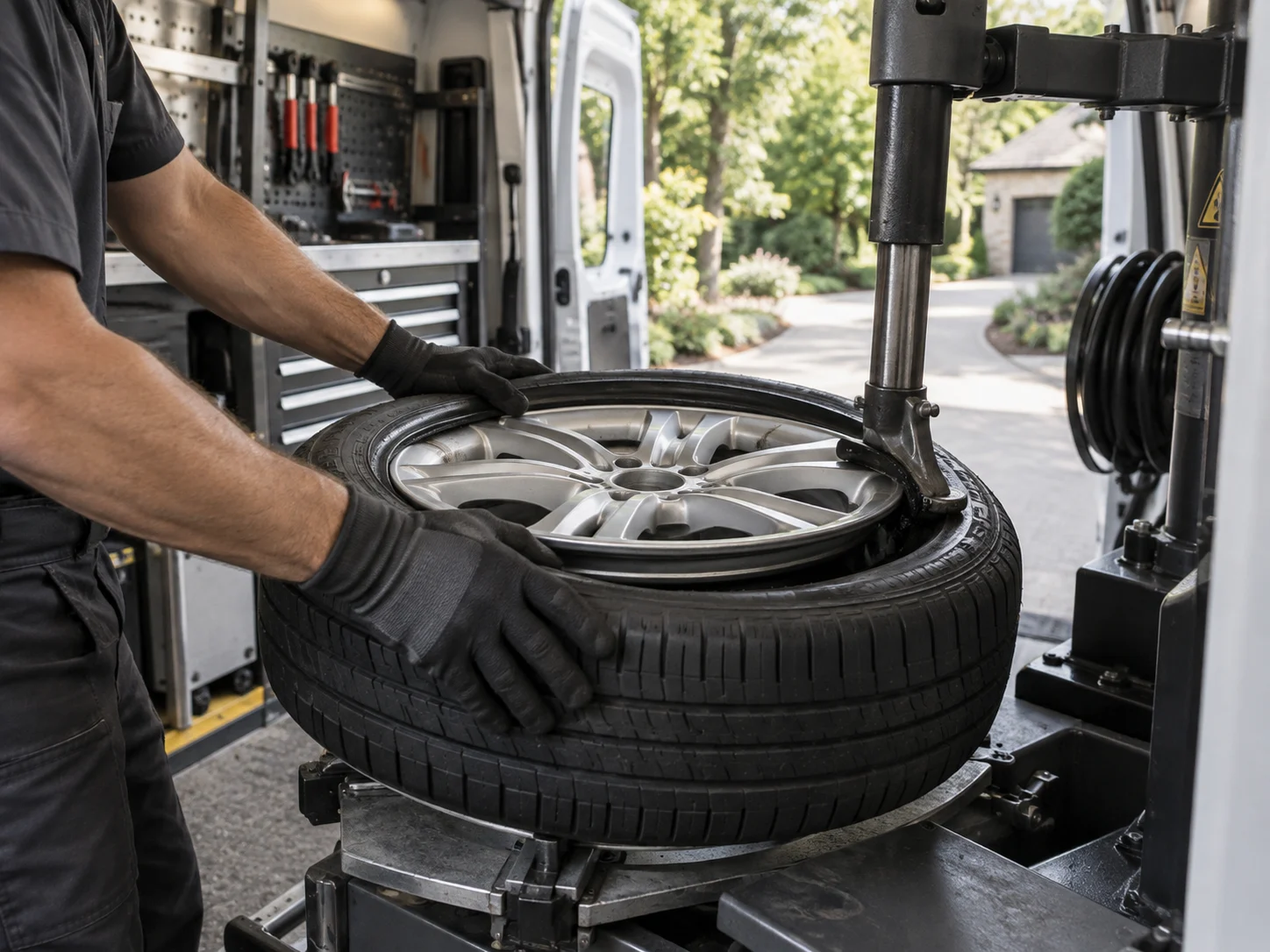 A mobile tire mounting machine being operated with care